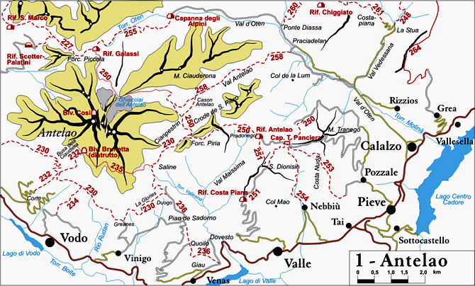 cartina semplificata dei sentieri appartenenti al gruppo Antelao