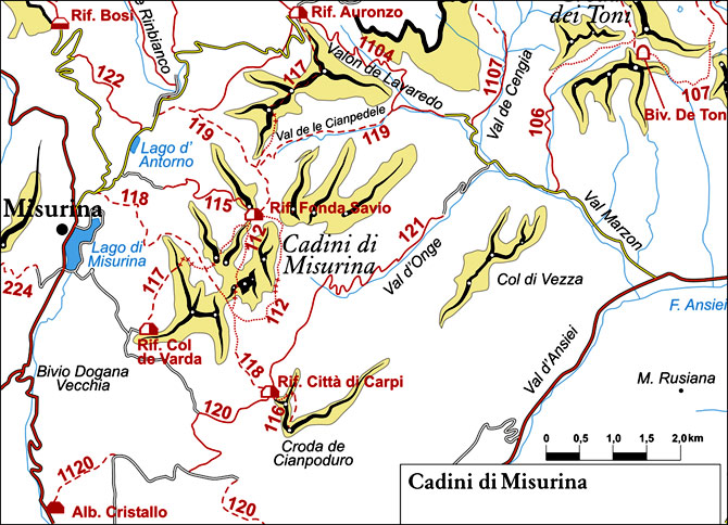 cartina semplificata dei sentieri appartenenti al gruppo Cadini di Misurina