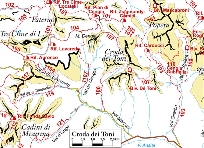 cartina semplificata dei sentieri appartenenti al gruppo Croda deiToni