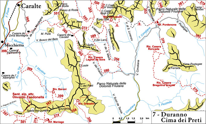 cartina semplificata dei sentieri appartenenti al gruppo Duranno - Cima dei Preti