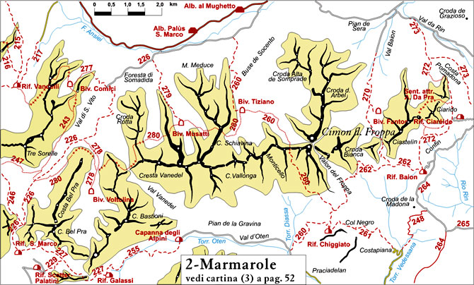 cartina semplificata dei sentieri appartenenti al gruppo Marmarole