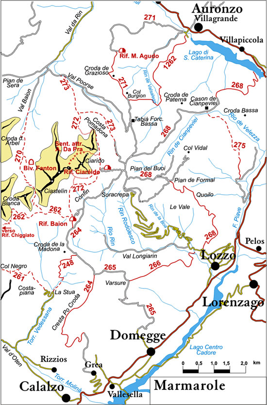 cartina semplificata dei sentieri appartenenti al gruppo Marmarole