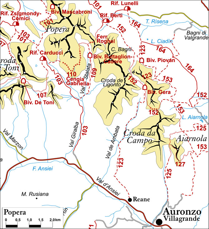 cartina semplificata dei sentieri appartenenti al gruppo Popera