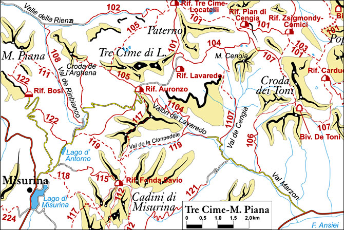 cartina semplificata dei sentieri appartenenti al gruppo Tre Cime - Monte Piana